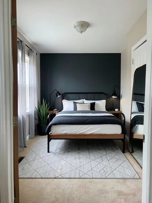 Bedroom before and after an AI Modern redesign with a charcoal accent wall behind the bed