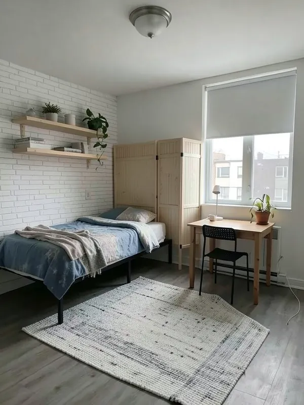 Small studio before and after an AI Scandinavian redesign with a flatweave rug and white walls