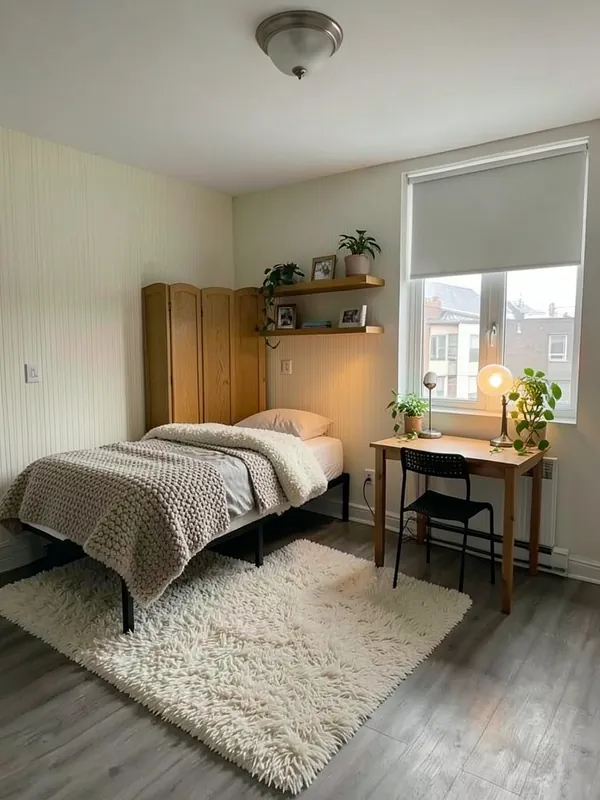 Small studio before and after an AI Cozy redesign with a shaggy rug and warm lighting