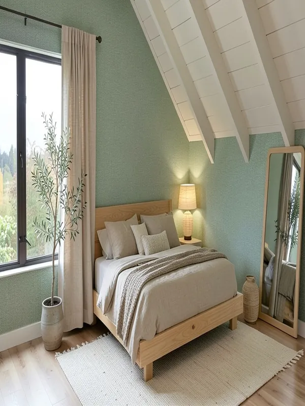 Attic bedroom before and after an AI Japandi redesign with sage walls and linen bedding