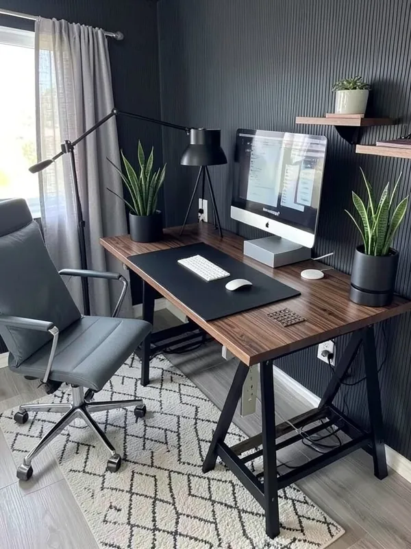 Home office before and after an AI Modern redesign with a dark accent wall