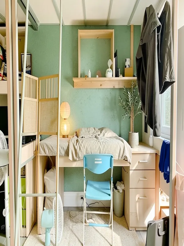 Dorm room with desk before and after an AI Japandi redesign with sage wall and oak shelf