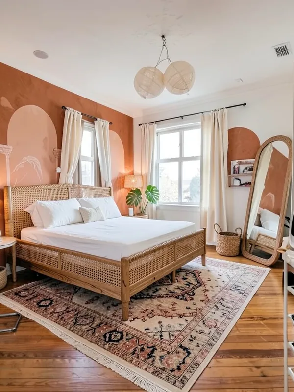 Small bedroom before and after an AI Boho redesign with a terracotta arch mural and rattan