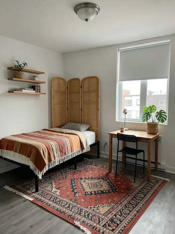 Studio apartment before and after an AI Boho redesign with a Moroccan-style rug