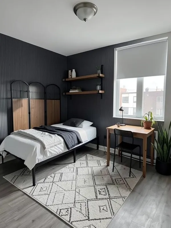 Studio apartment before and after an AI Modern redesign with a charcoal fluted wall