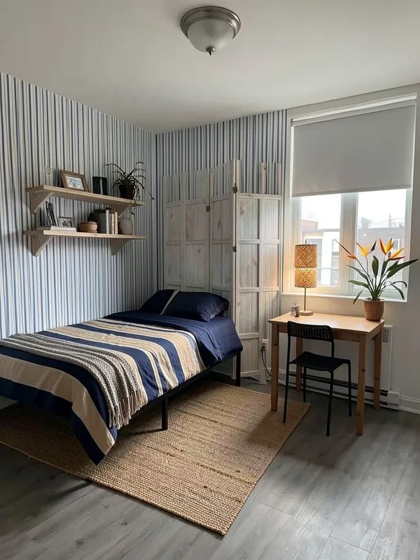 Studio apartment before and after an AI Coastal redesign with striped wallpaper and seagrass rug