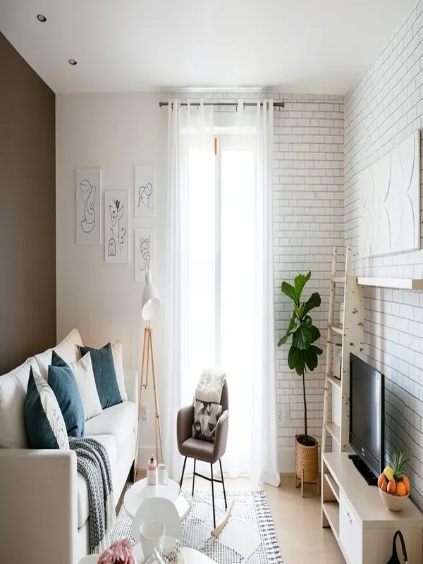 Living room before and after an AI Scandinavian redesign with dusty blue textiles and pale wood