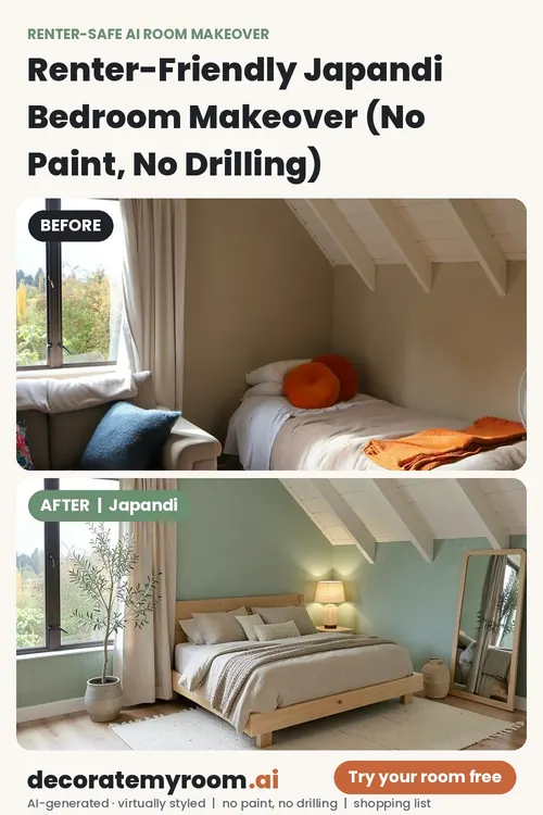 Before and after: a bedroom redesigned in Japandi style by AI, using renter-safe removable decor. Top photo is the original, bottom is the AI redesign concept.