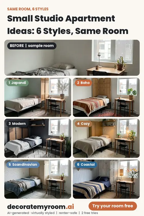 The same small studio apartment shown as the original photo and six AI redesign concepts: Japandi, Boho, Modern, Cozy, Scandinavian and Coastal.