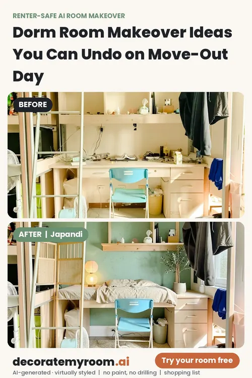 Before and after: a studio redesigned in Japandi style by AI, using renter-safe removable decor. Top photo is the original, bottom is the AI redesign concept.
