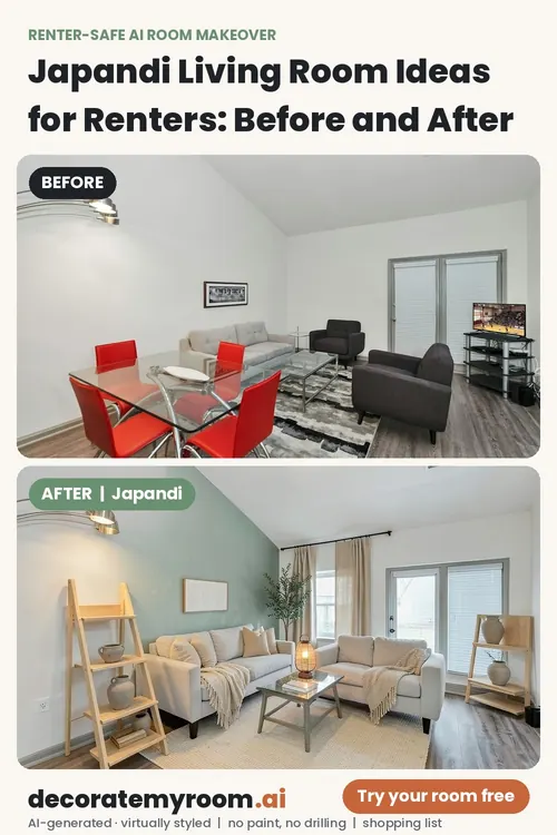 Before and after: a living room redesigned in Japandi style by AI, using renter-safe removable decor. Top photo is the original, bottom is the AI redesign concept.