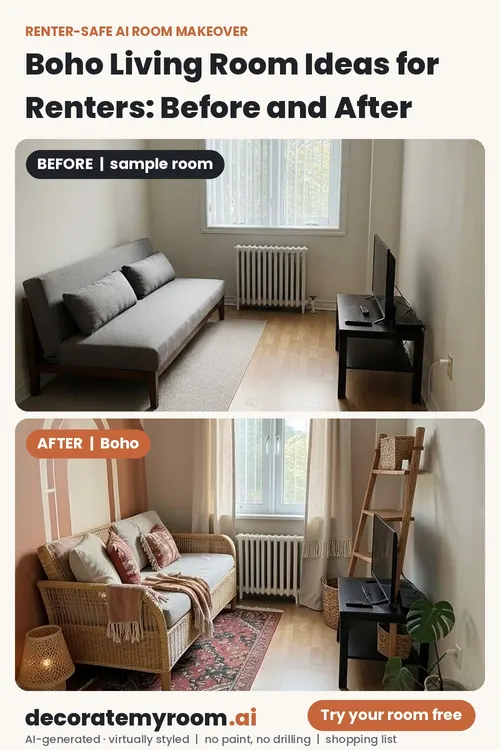 Before and after: a living room redesigned in Boho style by AI, using renter-safe removable decor. Top image is an AI-generated sample room, bottom is the AI redesign concept.