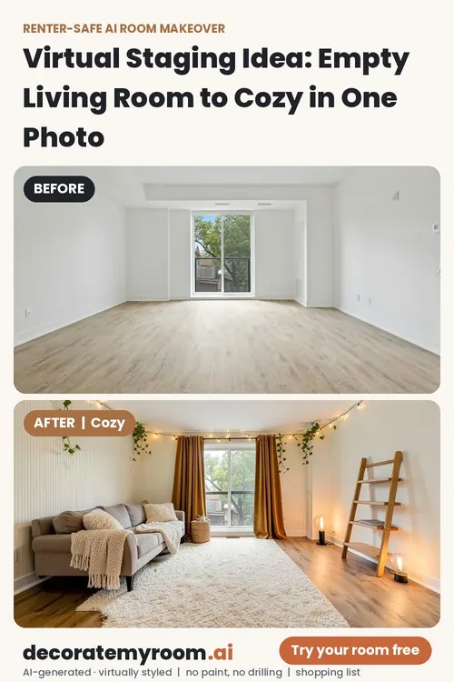 Before and after: a living room redesigned in Cozy style by AI, using renter-safe removable decor. Top photo is the original, bottom is the AI redesign concept.
