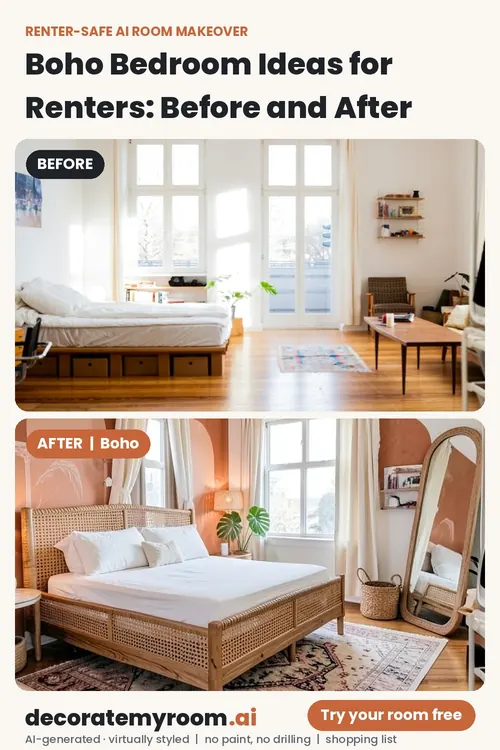 Before and after: a bedroom redesigned in Boho style by AI, using renter-safe removable decor. Top photo is the original, bottom is the AI redesign concept.