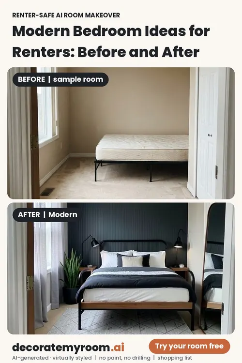 Before and after: a bedroom redesigned in Modern style by AI, using renter-safe removable decor. Top image is an AI-generated sample room, bottom is the AI redesign concept.