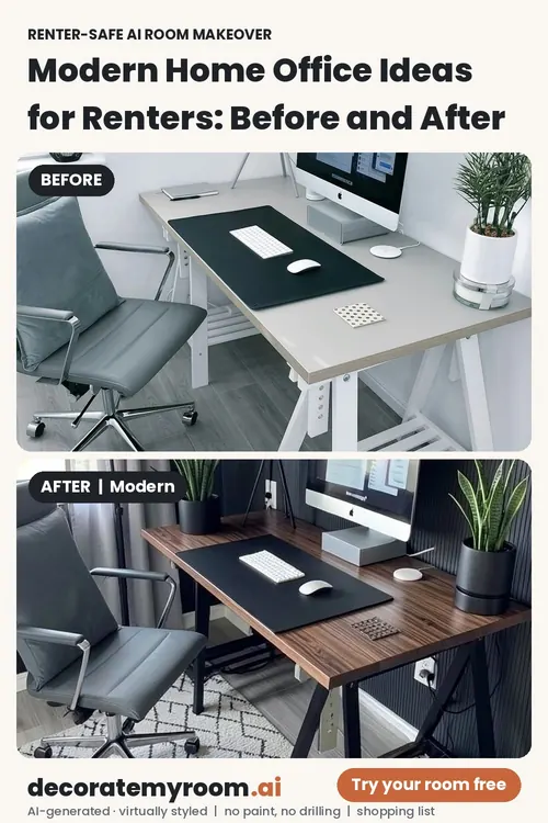 Before and after: a home office redesigned in Modern style by AI, using renter-safe removable decor. Top photo is the original, bottom is the AI redesign concept.