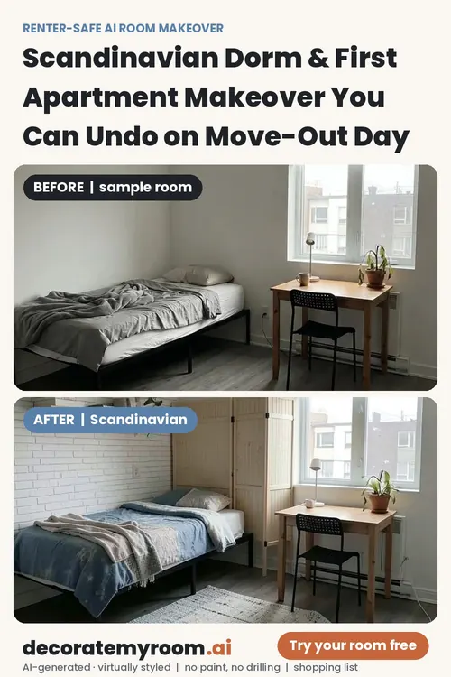 Before and after: a studio redesigned in Scandinavian style by AI, using renter-safe removable decor. Top image is an AI-generated sample room, bottom is the AI redesign concept.