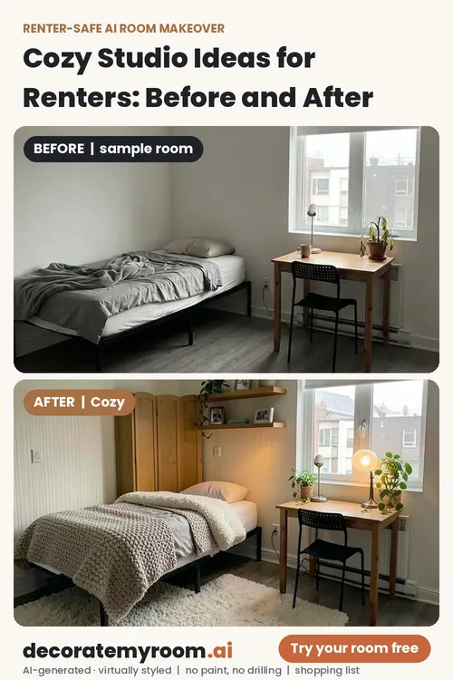 Before and after: a studio redesigned in Cozy style by AI, using renter-safe removable decor. Top image is an AI-generated sample room, bottom is the AI redesign concept.