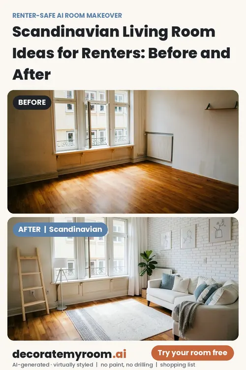 Before and after: a living room redesigned in Scandinavian style by AI, using renter-safe removable decor. Top photo is the original, bottom is the AI redesign concept.