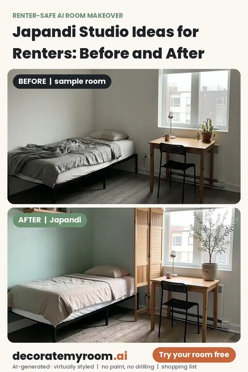 Before and after: a studio redesigned in Japandi style by AI, using renter-safe removable decor. Top image is an AI-generated sample room, bottom is the AI redesign concept.