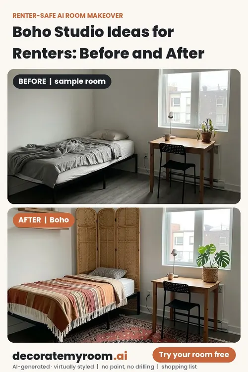 Before and after: a studio redesigned in Boho style by AI, using renter-safe removable decor. Top image is an AI-generated sample room, bottom is the AI redesign concept.