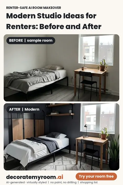 Before and after: a studio redesigned in Modern style by AI, using renter-safe removable decor. Top image is an AI-generated sample room, bottom is the AI redesign concept.