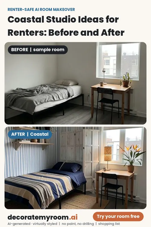 Before and after: a studio redesigned in Coastal style by AI, using renter-safe removable decor. Top image is an AI-generated sample room, bottom is the AI redesign concept.