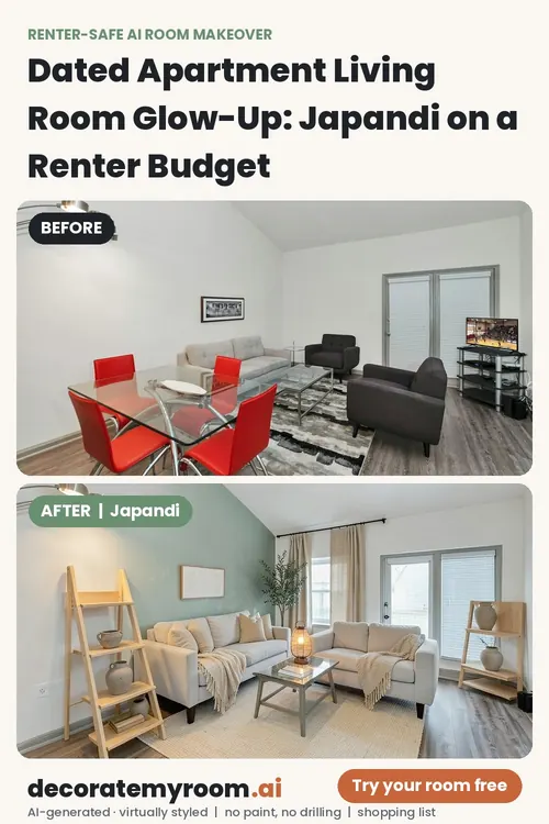 Before and after: a living room redesigned in Japandi style by AI, using renter-safe removable decor. Top photo is the original, bottom is the AI redesign concept.