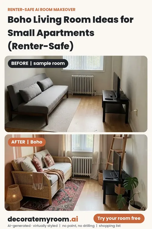 Before and after: a living room redesigned in Boho style by AI, using renter-safe removable decor. Top image is an AI-generated sample room, bottom is the AI redesign concept.