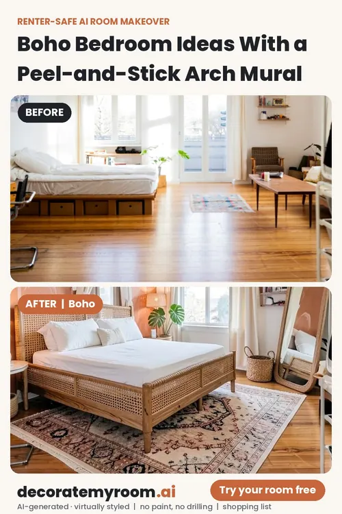 Before and after: a bedroom redesigned in Boho style by AI, using renter-safe removable decor. Top photo is the original, bottom is the AI redesign concept.