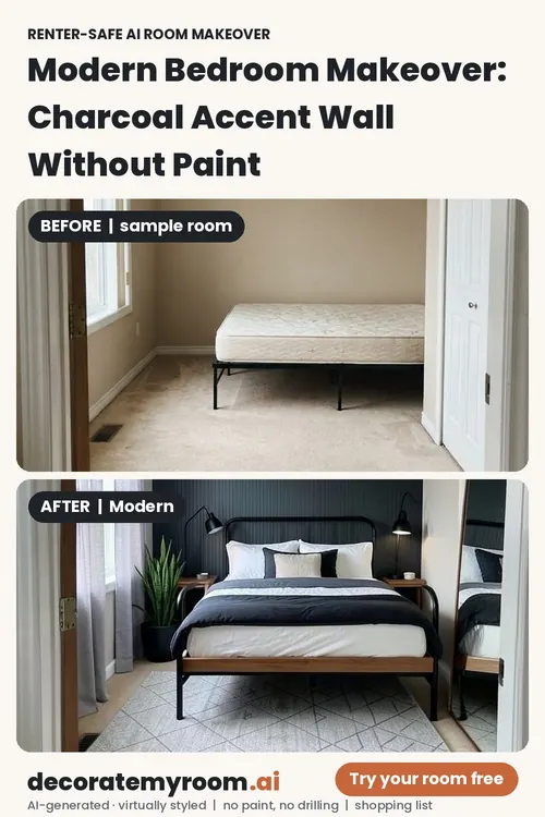Before and after: a bedroom redesigned in Modern style by AI, using renter-safe removable decor. Top image is an AI-generated sample room, bottom is the AI redesign concept.