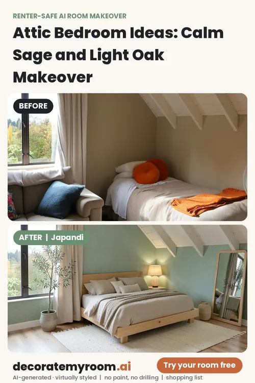 Before and after: a bedroom redesigned in Japandi style by AI, using renter-safe removable decor. Top photo is the original, bottom is the AI redesign concept.