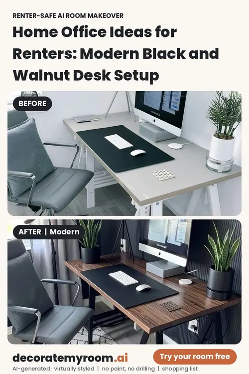 Before and after: a home office redesigned in Modern style by AI, using renter-safe removable decor. Top photo is the original, bottom is the AI redesign concept.