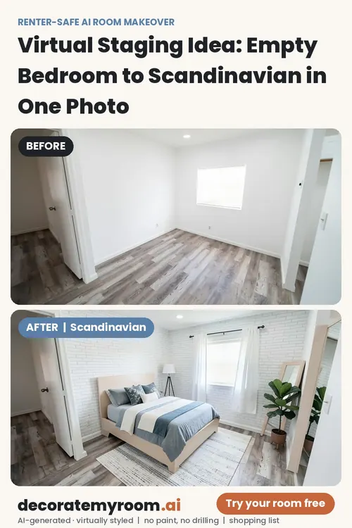 Before and after: a bedroom redesigned in Scandinavian style by AI, using renter-safe removable decor. Top photo is the original, bottom is the AI redesign concept.