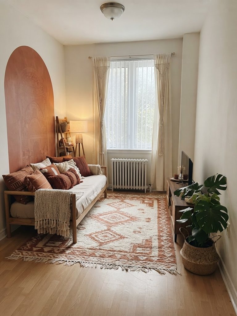 Boho living room, after a renter-friendly redesign