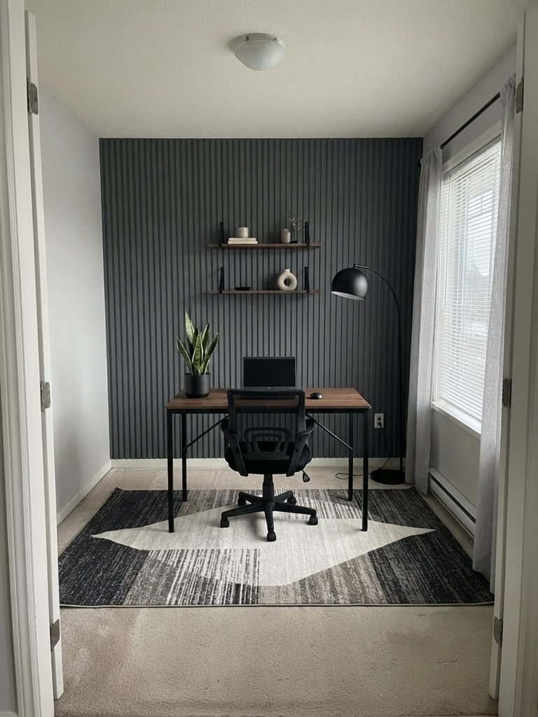 Modern home office, after a renter-friendly redesign